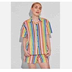 Pride Adult Bold Rainbow Short Sleeve Woven Cabana Short Set
